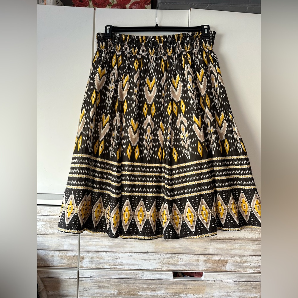 Style & Co Petite XL Black Yellow Geometric A-Line Skirt Boho 100% Cotton Lined